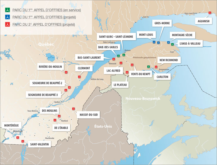 Image : Carte des parcs �olliens sous contrat avec Hydro-Qu�bec Distribution