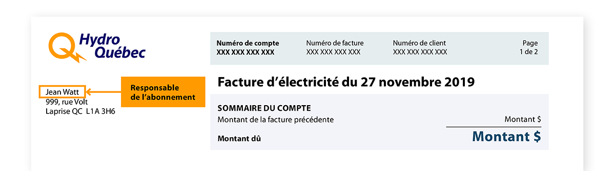 Emplacement du numéro de compte sur la facture