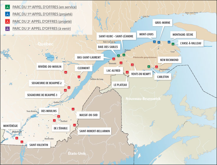 Image : Carte des parcs éolliens sous contrat avec Hydro-Québec Distribution