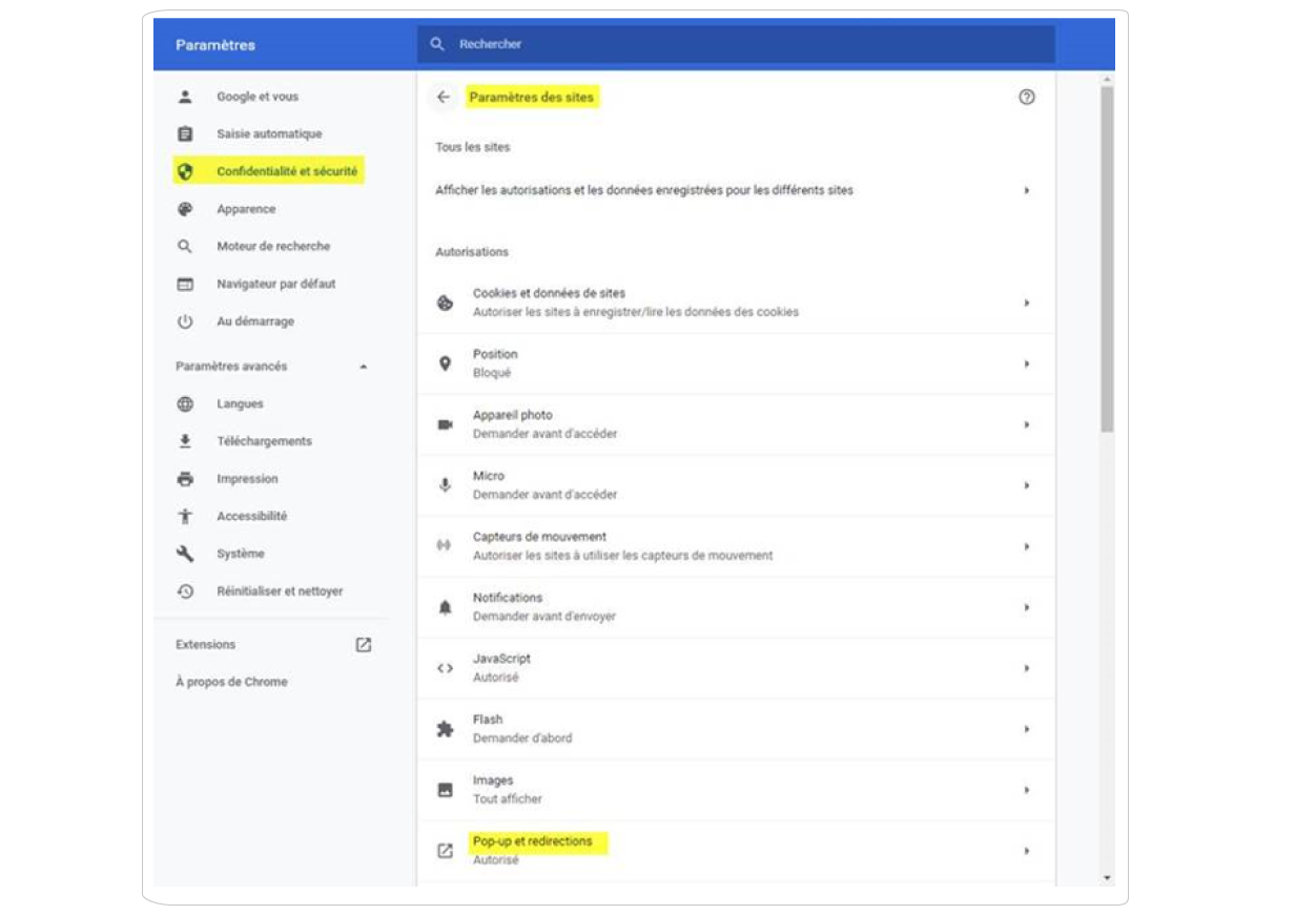 Menu Confidentialité et sécurité des paramètres Chrome