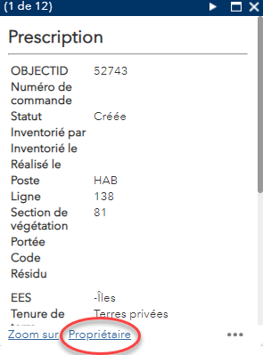 Infobulle de la prescription avec hyperlien Propriétaire