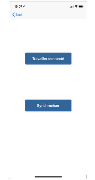 Écran affichant les options Travailler connecté et Synchroniser