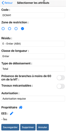 Capture d'écran montrant comment saisir les informations d'une prescription de déboisement
