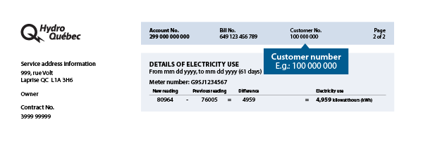 Location of customer number on the bill