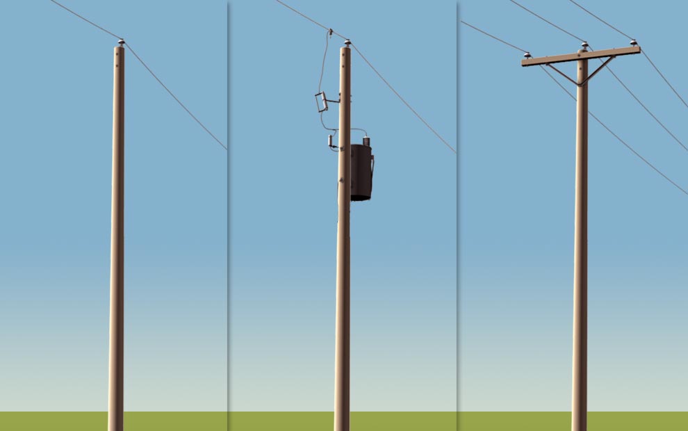 Les lignes de distribution aériennes sont constituées de fils supportés par des poteaux d’environ 10 mètres (30 pieds) de hauteur. Ces poteaux sont le plus souvent en bois, parfois en béton.