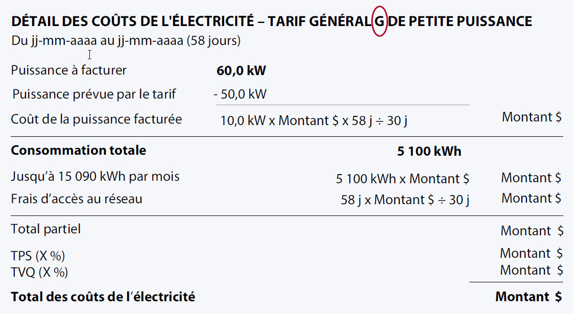 Exemple d’une facture au tarif G. Le tarif applicable est indiqué à la rubrique intitulée Au tarif général de petite puissance.