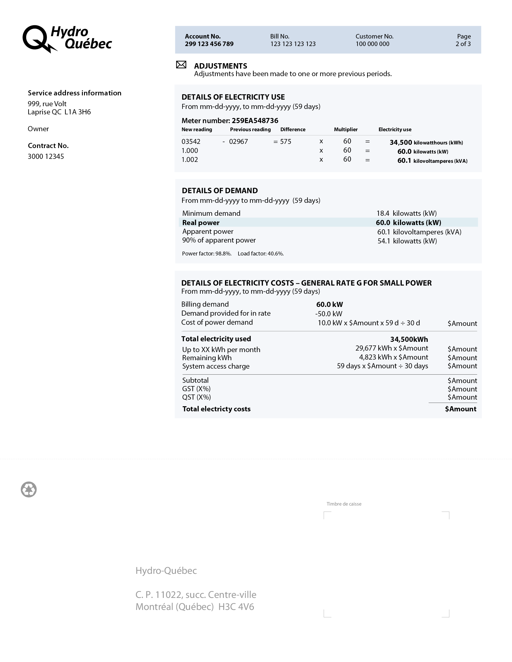 Explanation of your Rate G bill (with billing demand) | Hydro-Québec