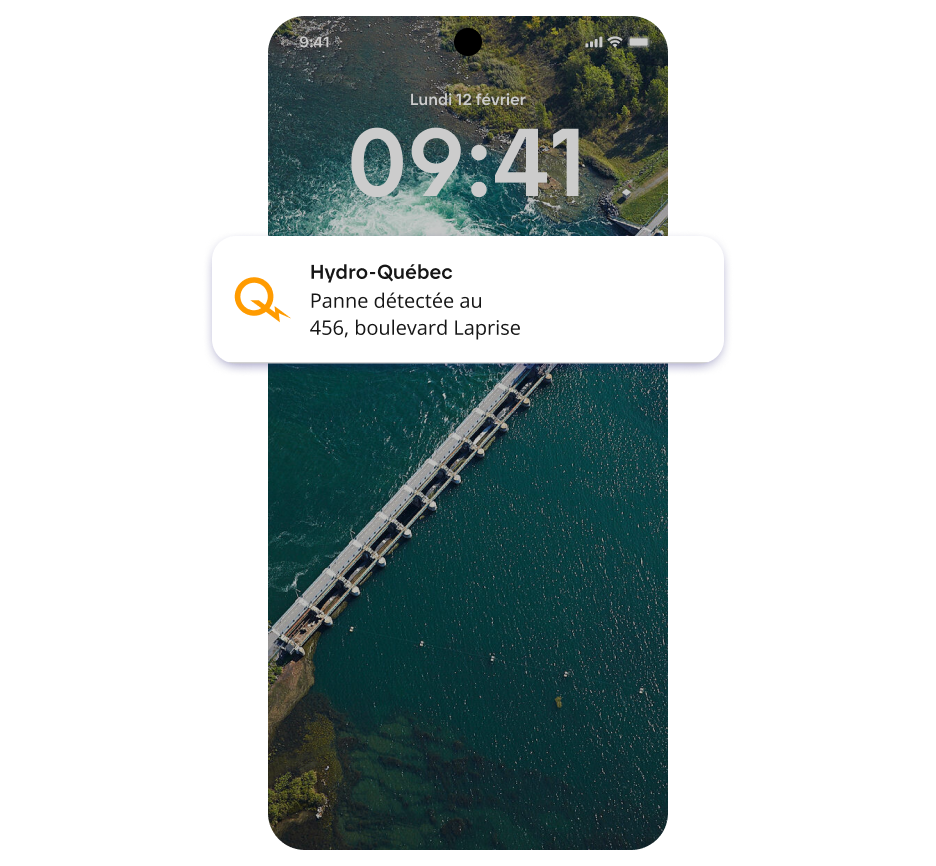 Écran de cellulaire qui affiche une notification d’Hydro-Québec indiquant qu’une panne a été détectée au 456, boulevard Laprise.