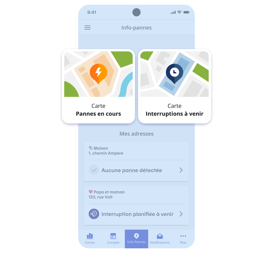 Écran d’accueil d’Info-pannes sur l’application mobile, mettant de l’avant la carte des pannes en cours et la carte des interruptions de service à venir.