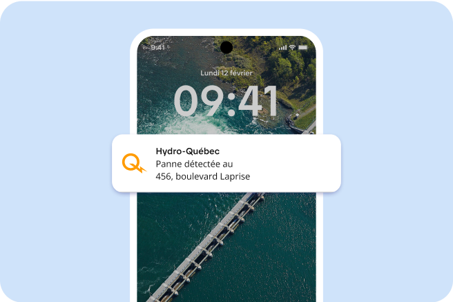 Écran de cellulaire qui affiche une notification d’Hydro-Québec indiquant qu’une panne a été détectée au 456, boulevard Laprise.