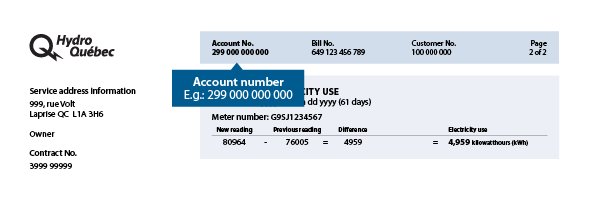 Location of account number on the bill.
