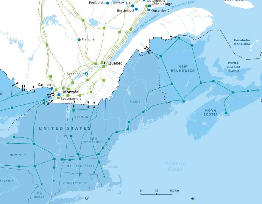 Map of interconnections used by Hydro-Québec to export clean power to neighboring markets such as Ontario, New Brunswick, New York State and New England.