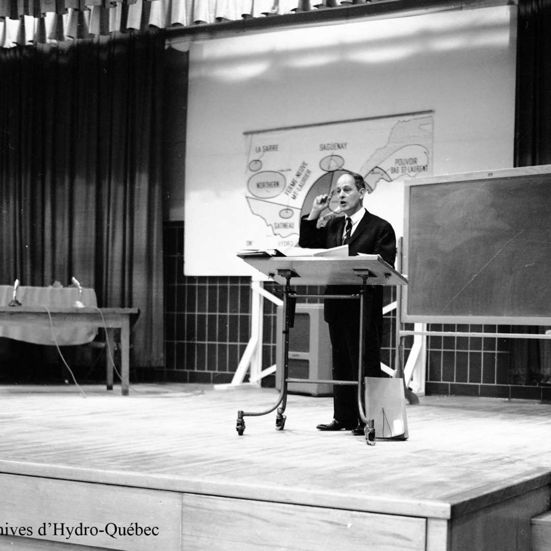 <p>Speech by René Lévesque (then Québec’s Minister of Natural Resources) to Hydro-Québec staff on the nationalization of electricity, February 1963. </p>
<p>©Hydro-Québec archives.</p>