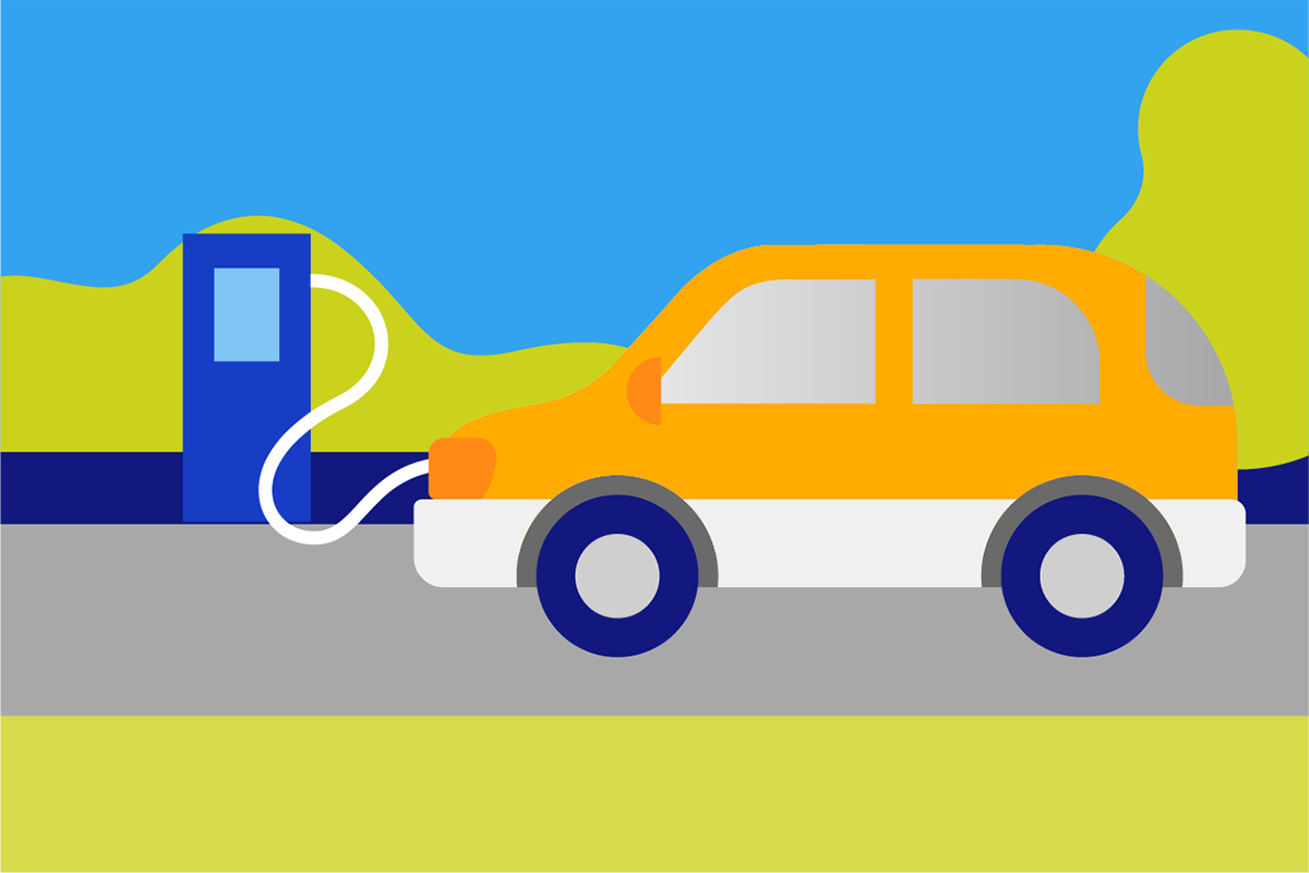 Illustration of an electric vehicle being charged in a parking lot