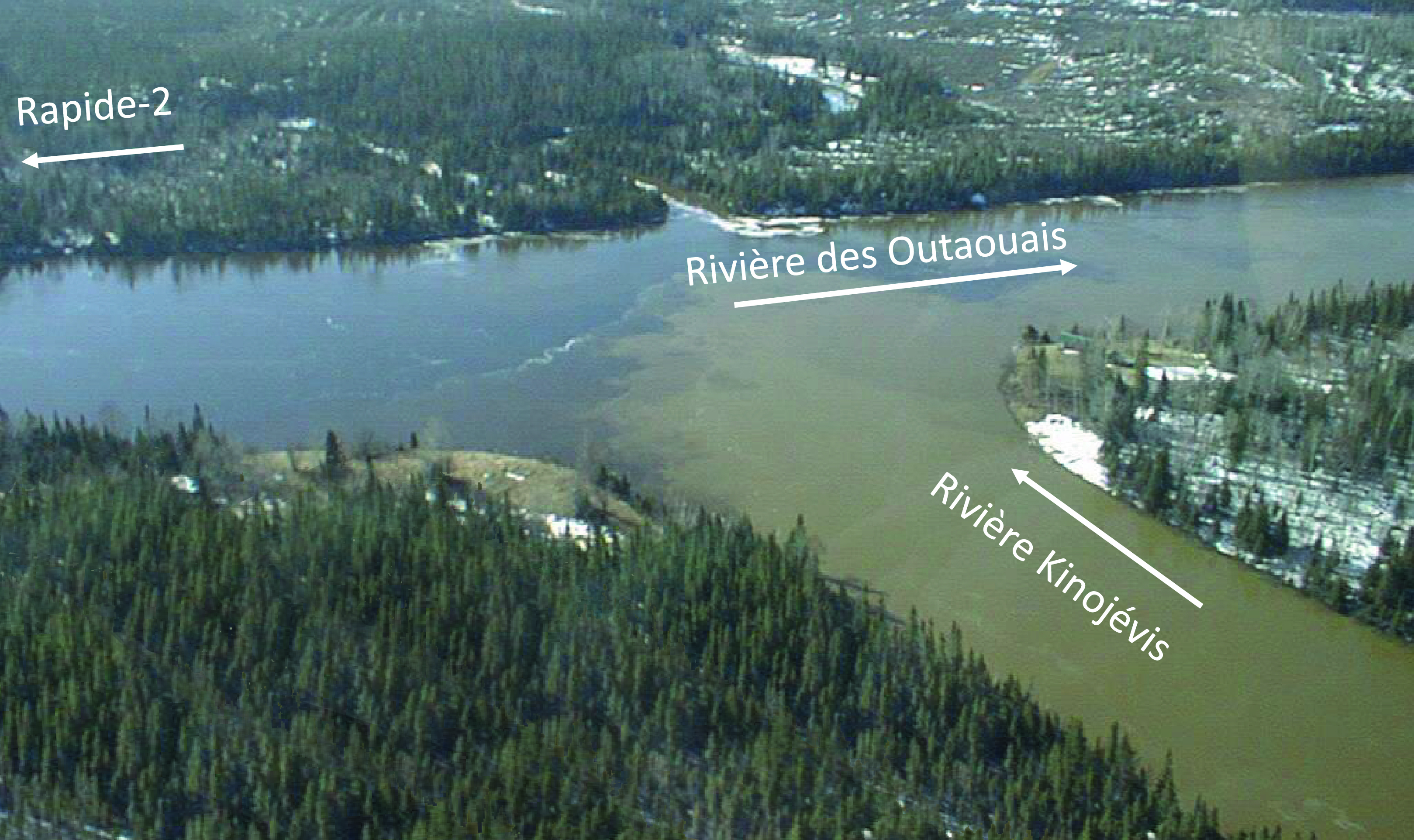 Confluence of Kinojévis and Outaouais rivers.