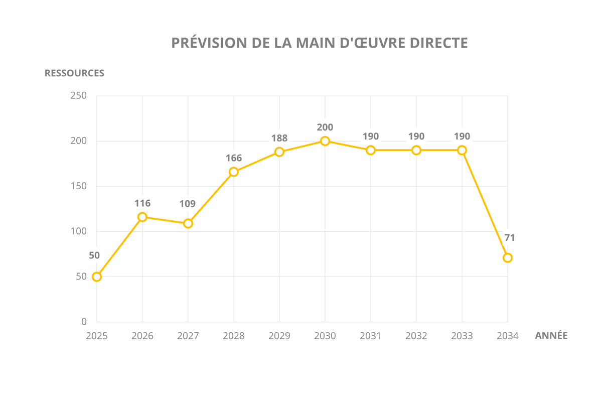 Graphique montrant la prévision de la main d’œuvre par année de 2025 à 2035. Le graphique met en évidence les changements annuels du nombre de ressources, avec des augmentations notables de 2028 à 2033, soit près de 150-200 ressources par an. Il y a diminution à partir de 2034.