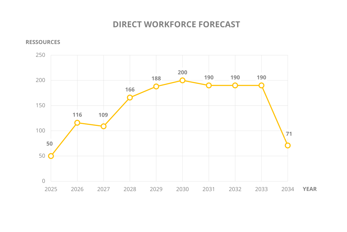 Graph showing the direct workforce forecast by year from 2025 to 2035. The graph highlights the annual changes in the number of resources, with notable increases from 2028 to 2033, reaching nearly 150-200 resources per year. There is a decrease starting in 2034.