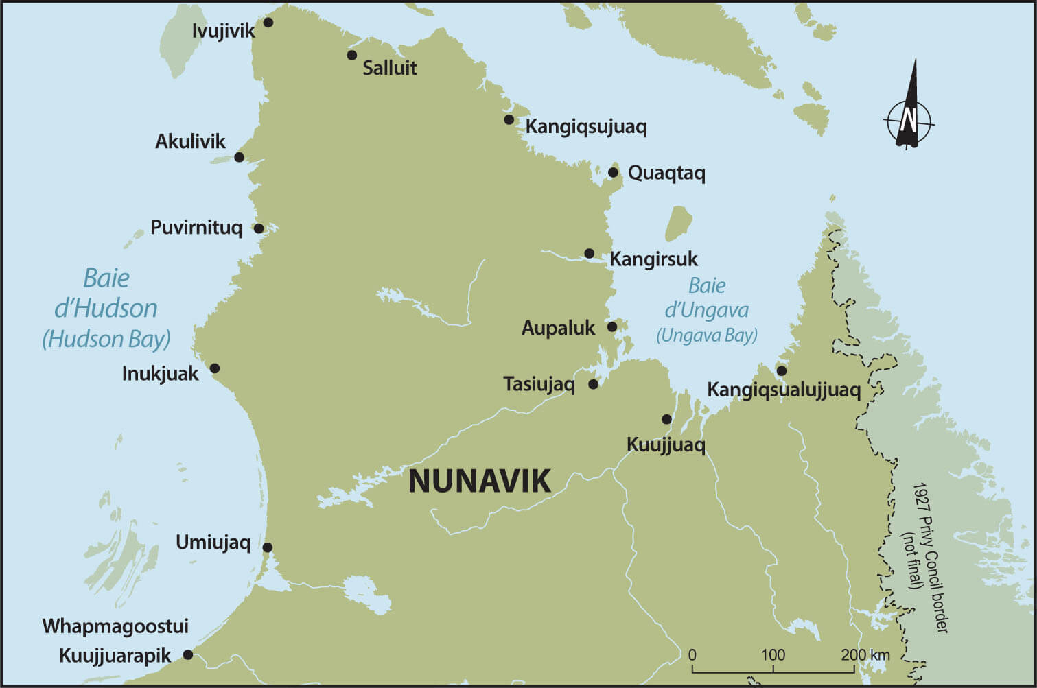 Map showing municipalities affected by rates north of the 53rd parallel: Akulivik, Aupaluk, Inukjuak, Ivujivik, Kangiqsualujjuaq, Kangiqsujuaq, Kangirsuk, Kuujjuaq, Kuujjuarapik, Puvirnituq, Quaqtaq, Salluit, Tasiujaq, Umiujaq and Whapmagoostui.