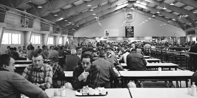 Workers eating in the Manic-5 cafeteria.